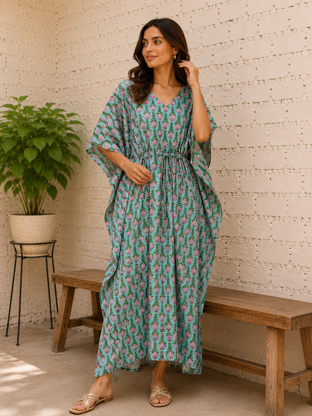 Image of Hand Block Printed Cotton Kaftan: Indian Women's Long Resort Wear