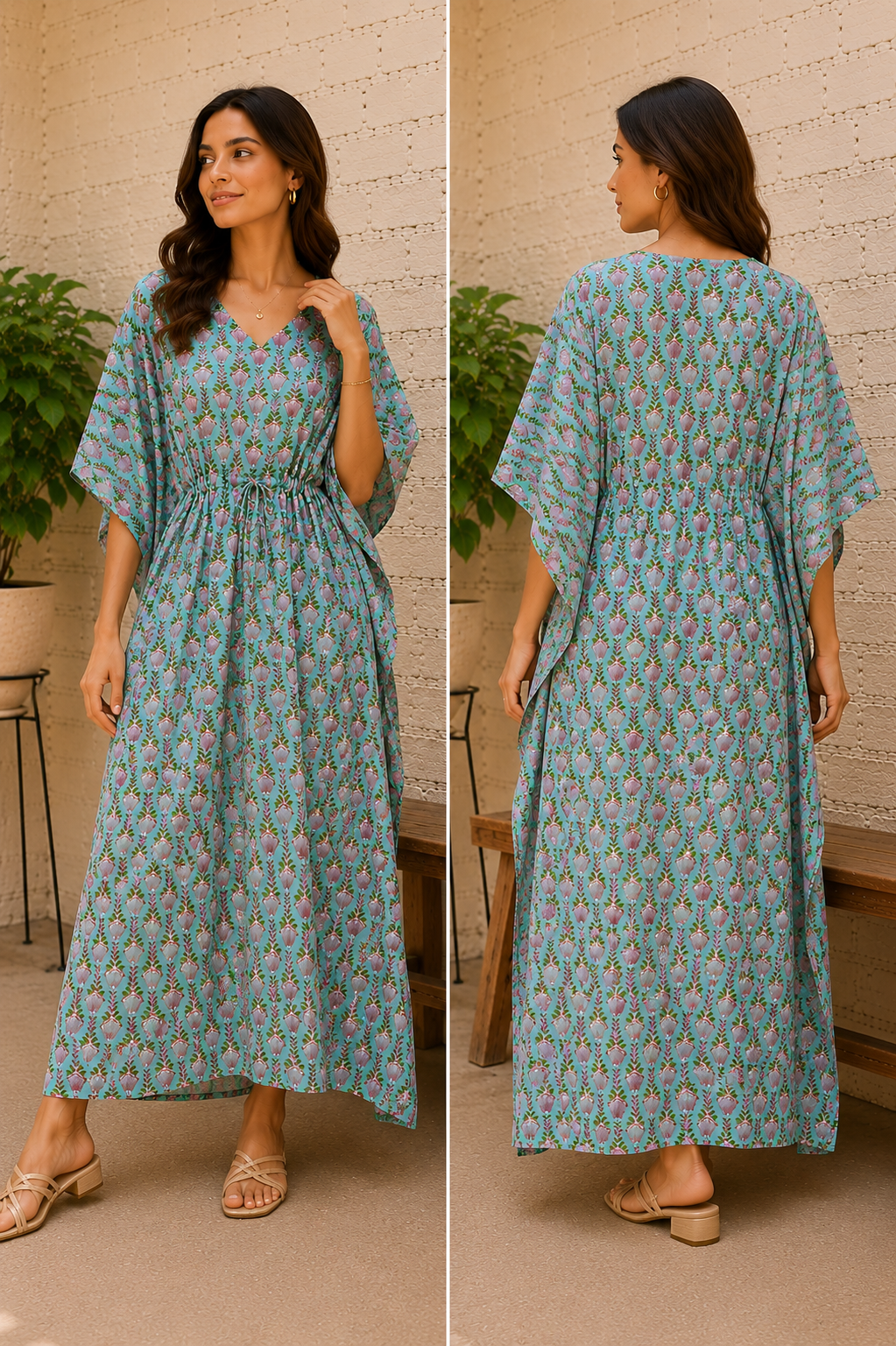 Image of Hand Block Printed Cotton Kaftan: Indian Women's Long Resort Wear