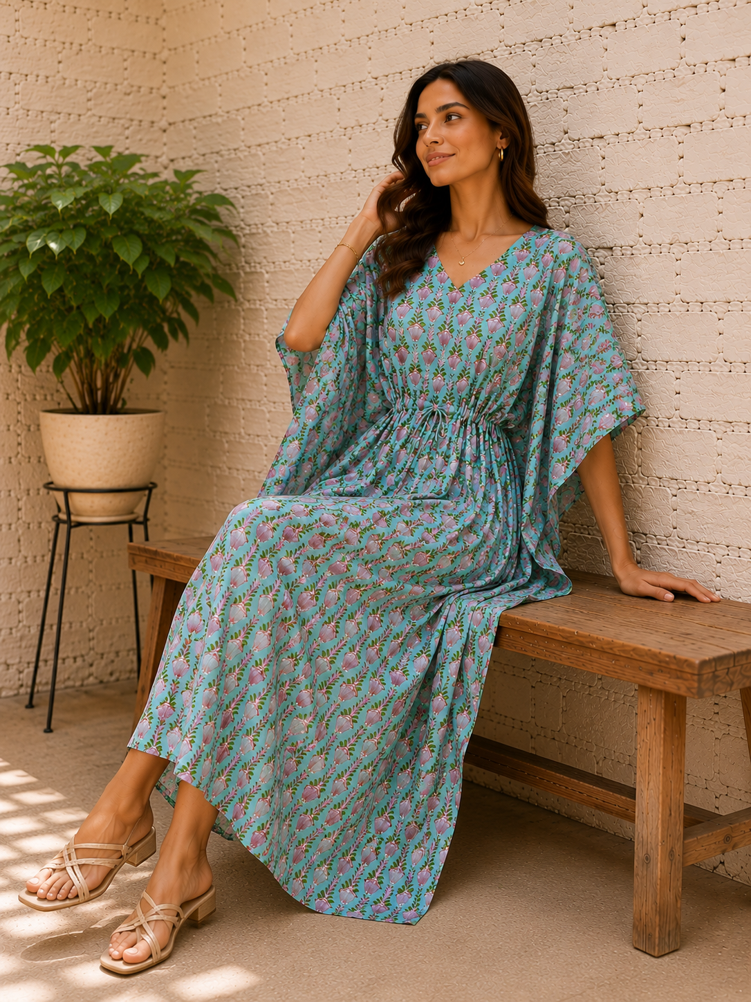 Hand Block Printed Cotton Kaftan: Indian Women's Long Resort Wear