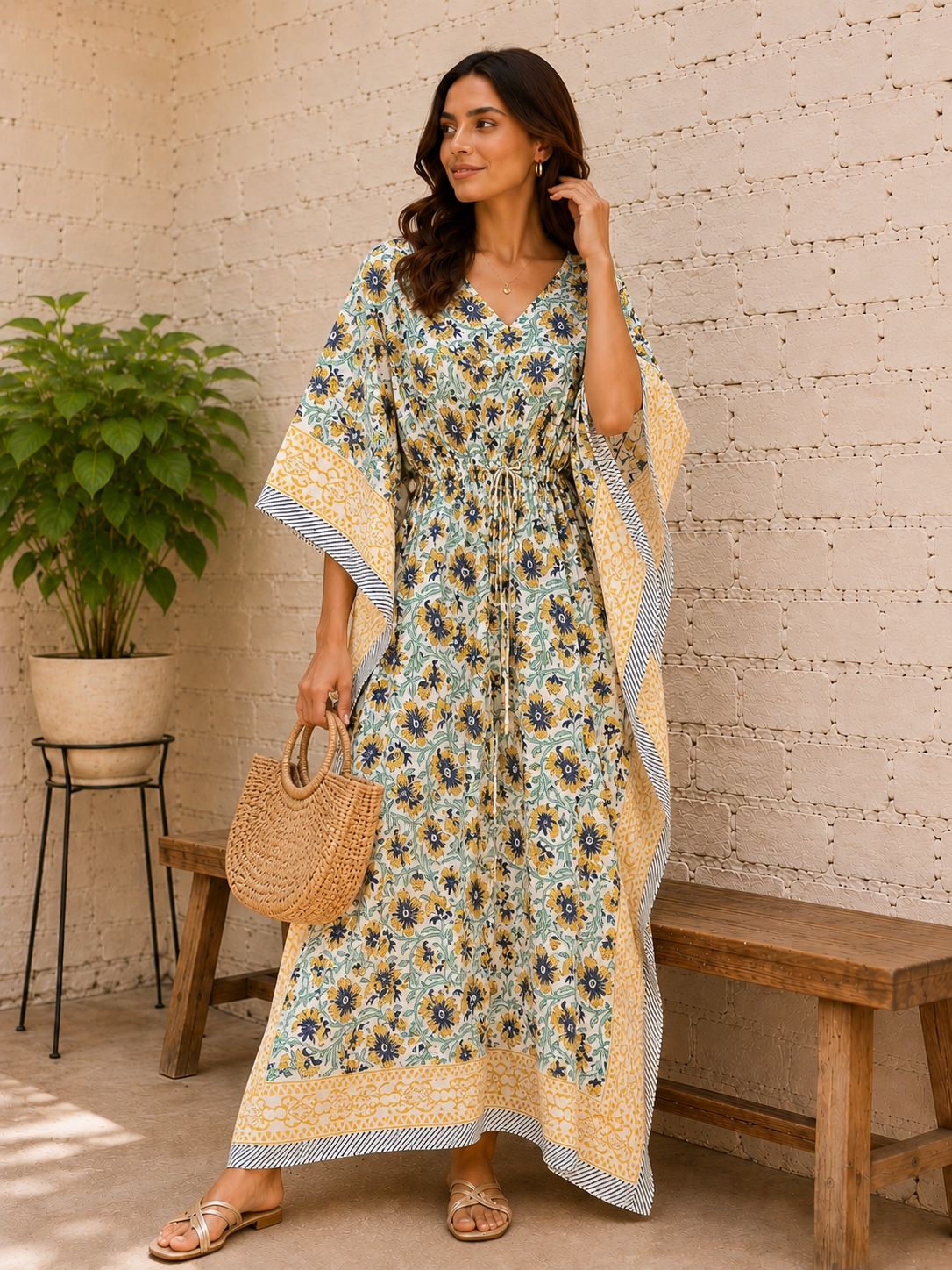 Handmade Floral Print Cotton Kaftan Dress for Women