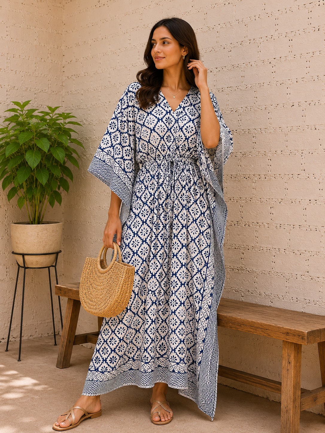 Cotton Floral Block Print Kaftan Comfortable Women's Loungewear