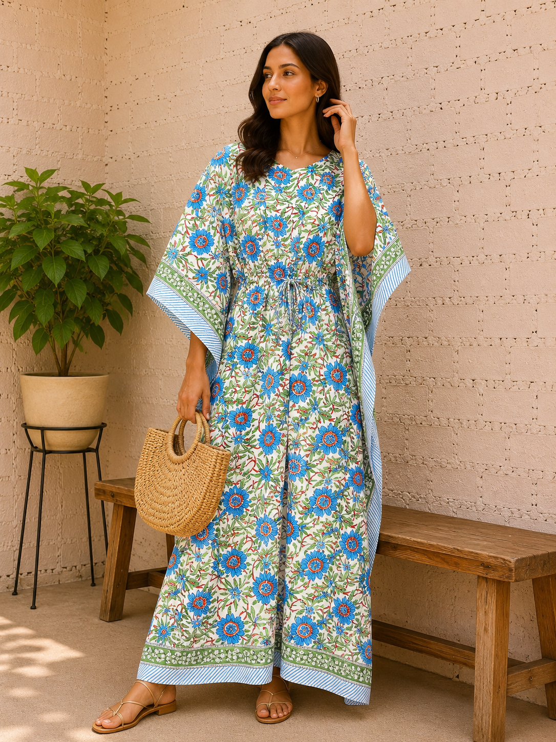Image of 100% Cotton Floral Kaftan Casual & Beach Wear