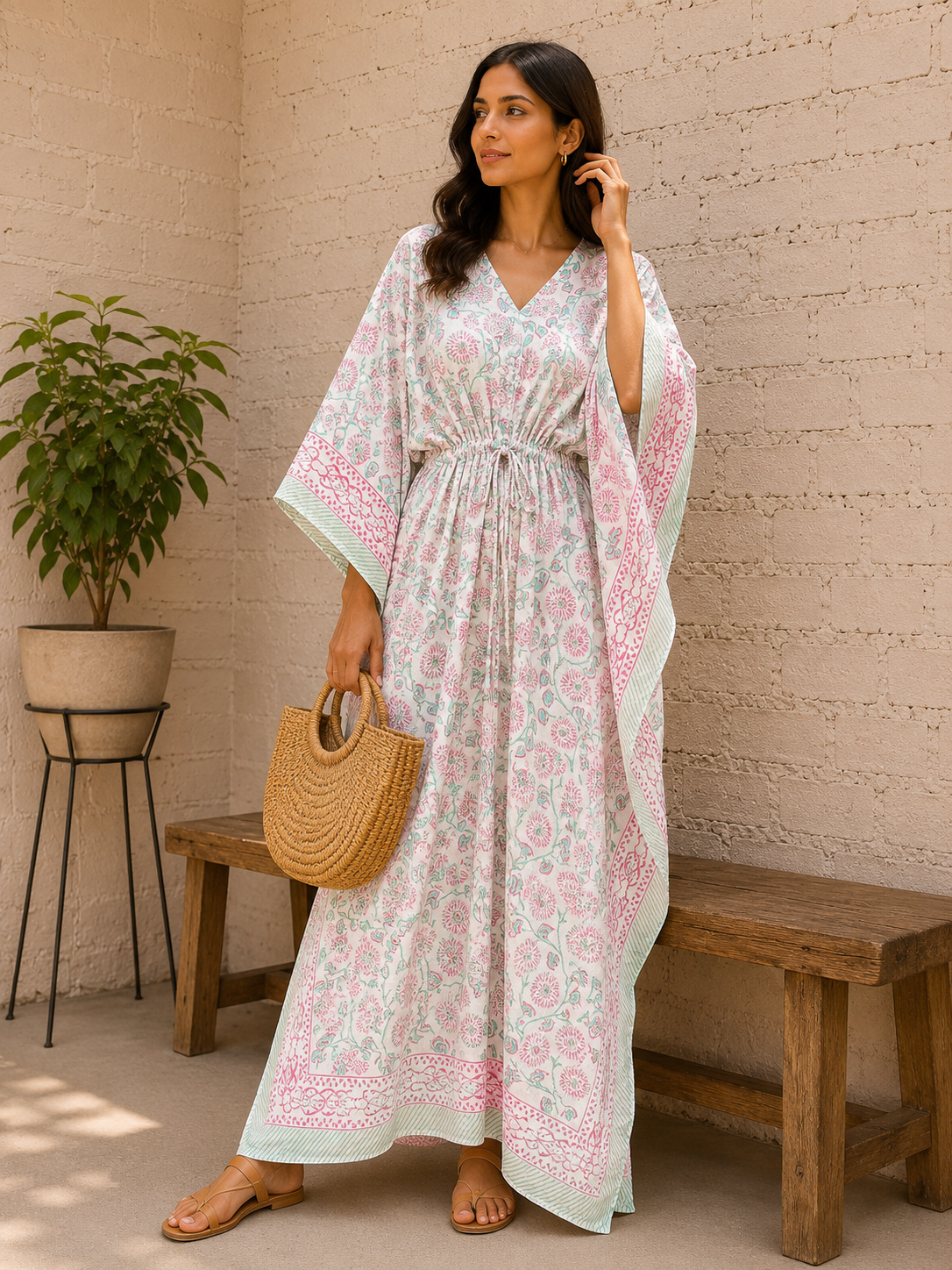 Image of Women's Handmade Cotton Kaftan with Elegant Floral Print