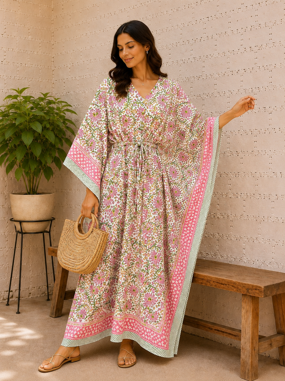 Image of Indian Hand Block Printed Floral Cotton Kaftan