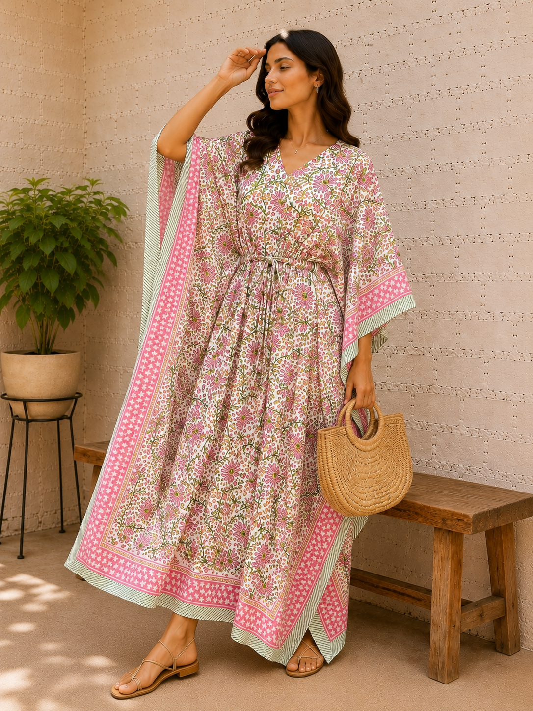 Image of Indian Hand Block Printed Floral Cotton Kaftan