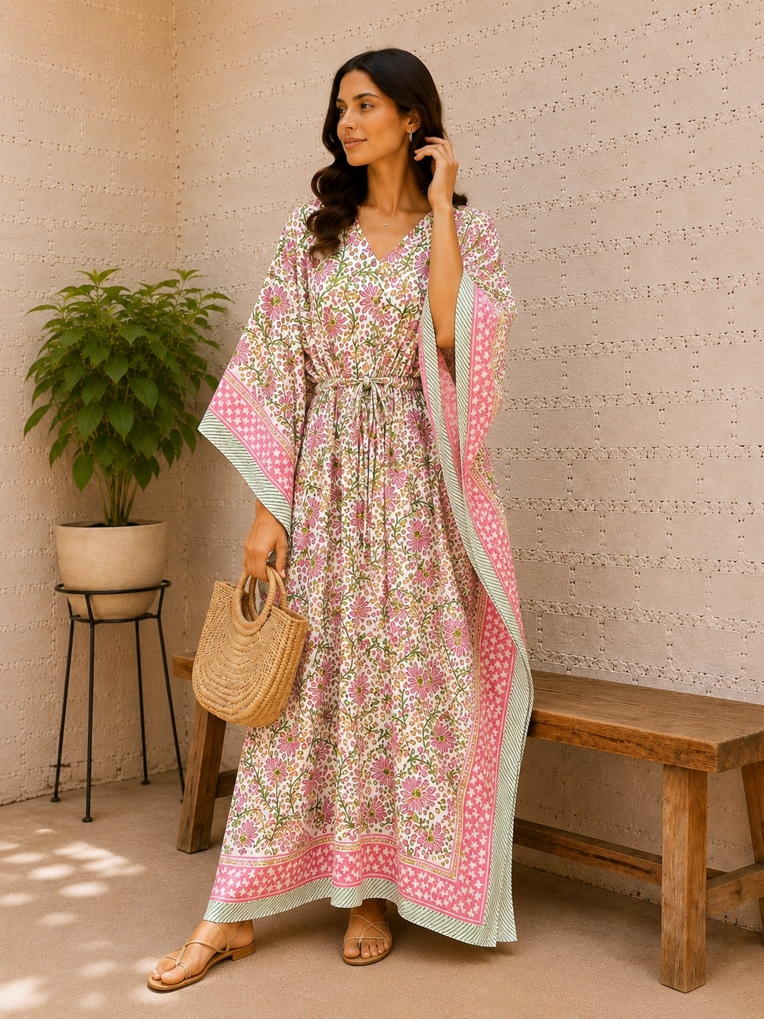 Indian Hand Block Printed Floral Cotton Kaftan