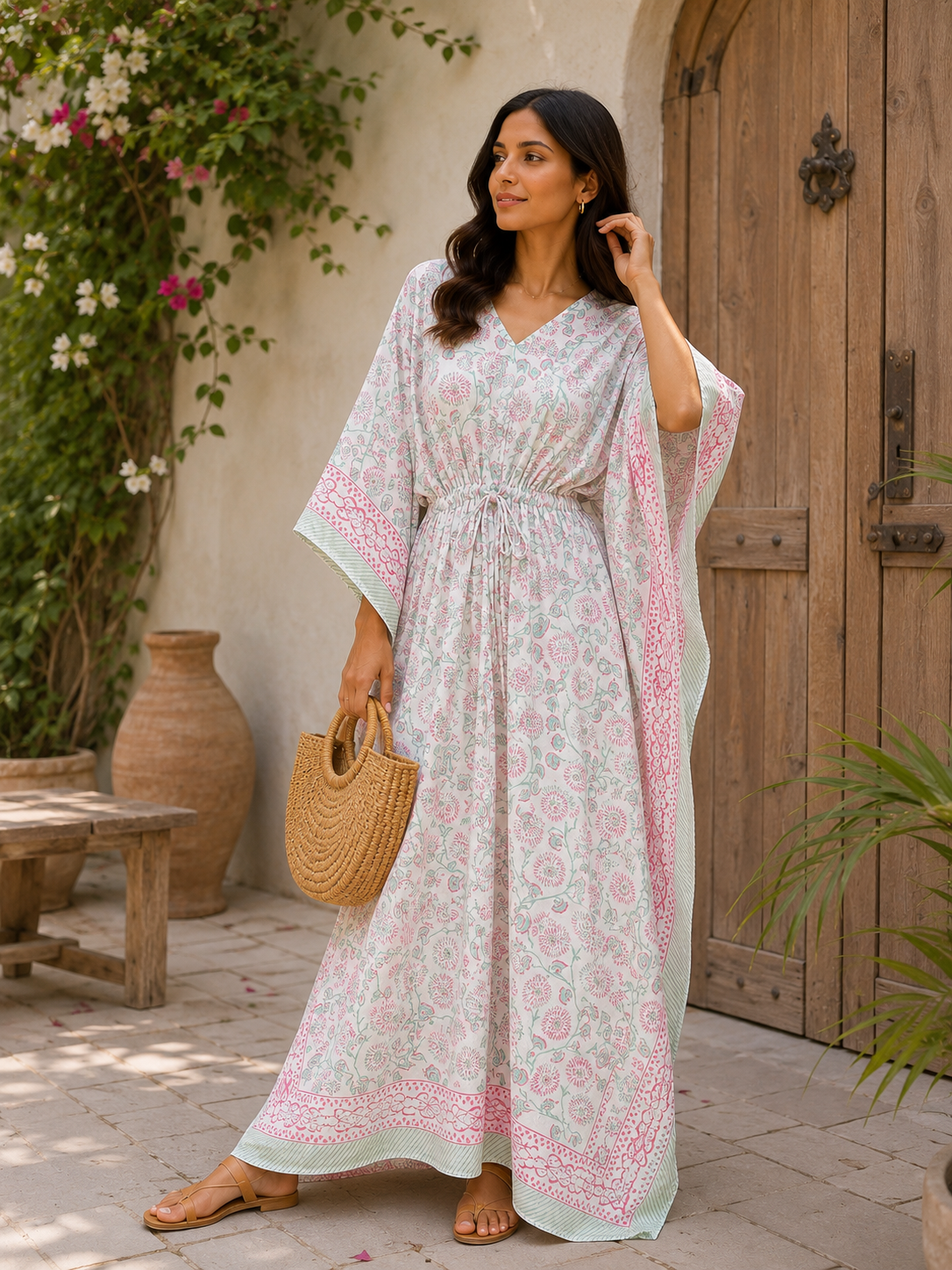 Women's Handmade Cotton Kaftan with Elegant Floral Print