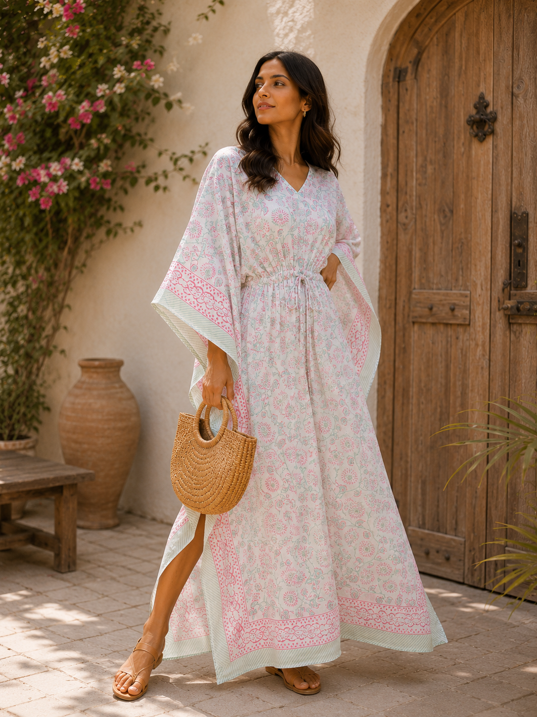 Women's Handmade Cotton Kaftan with Elegant Floral Print