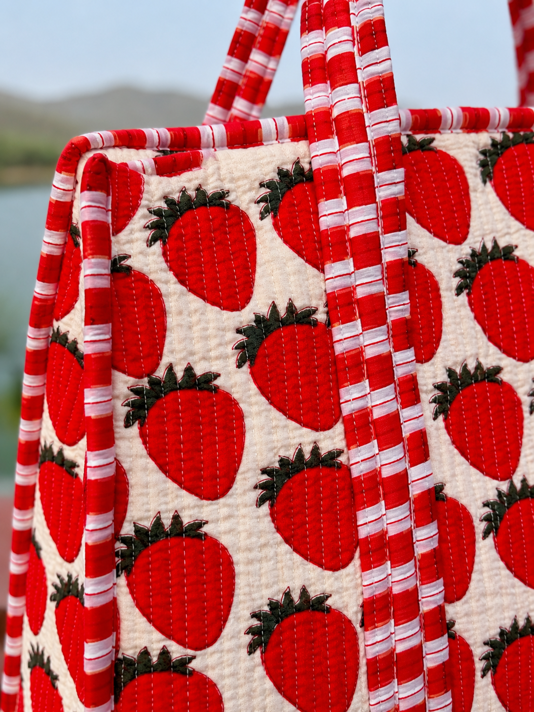 Handmade Strawberry Quilted Tote Bag for Women | Large Cotton Shoulder Bag