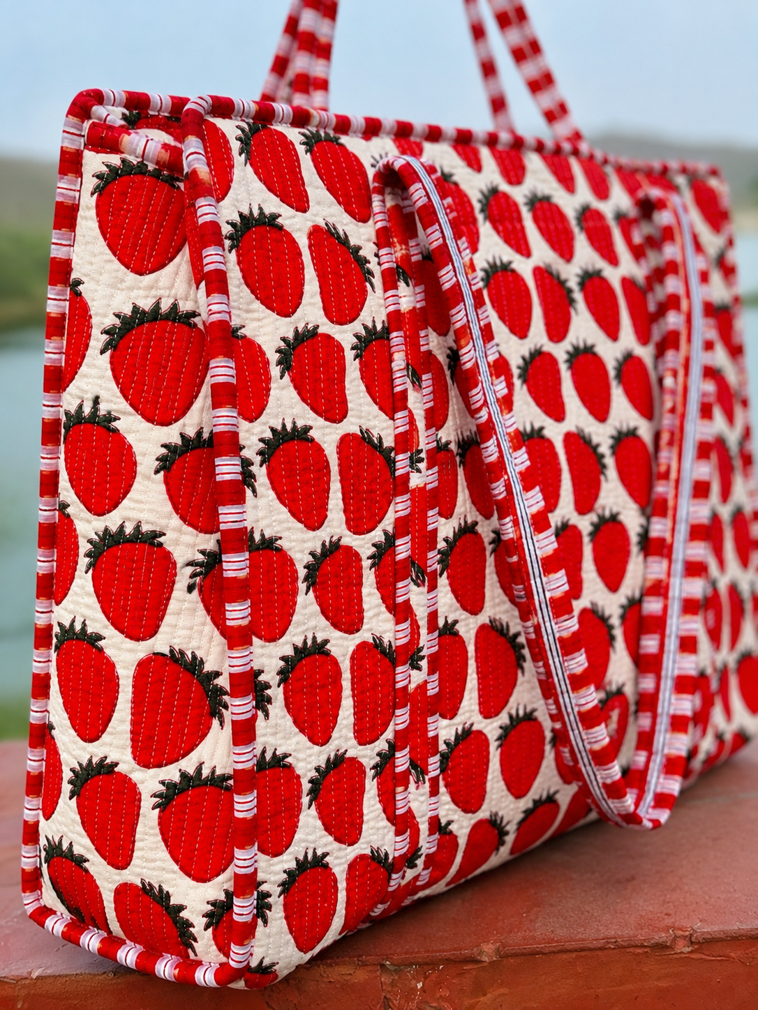 Handmade Strawberry Quilted Tote Bag for Women | Large Cotton Shoulder Bag