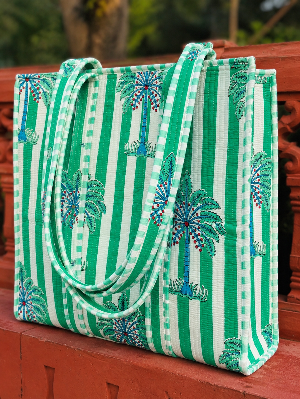 Handmade Palm Tree Quilted Tote Bag | Green Striped Cotton Shoulder Bag
