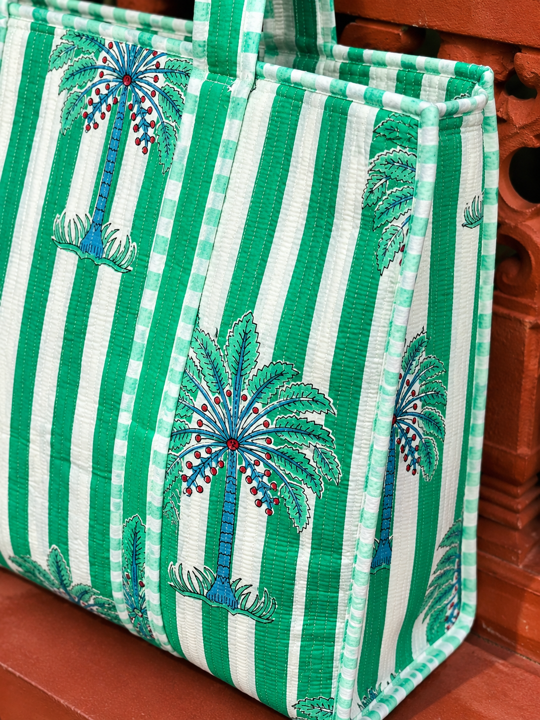 Image of Handmade Palm Tree Quilted Tote Bag Green Striped Cotton Shoulder Bag