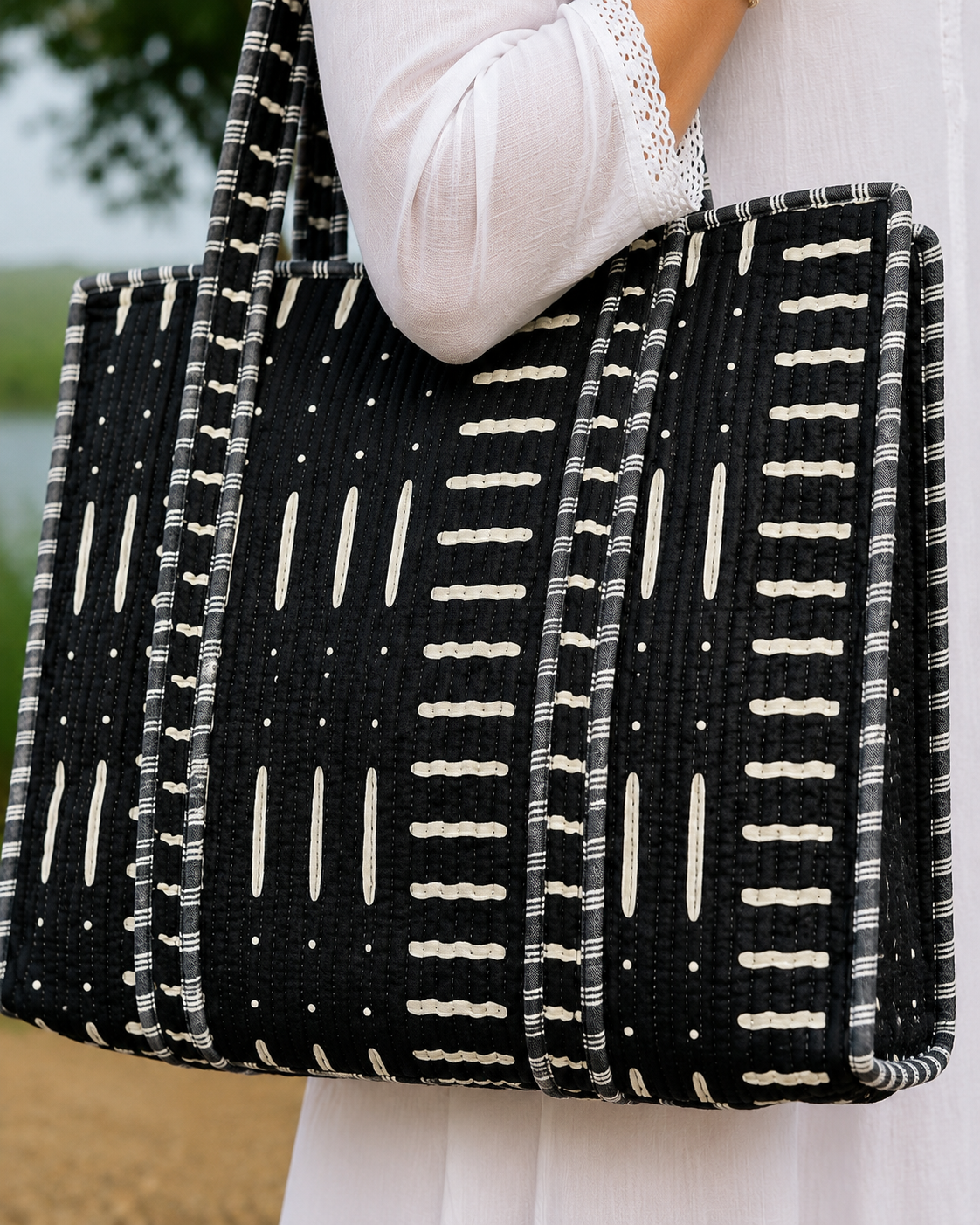 Handmade Black Cotton Tote Bag | Quilted Shoulder Bag for Women