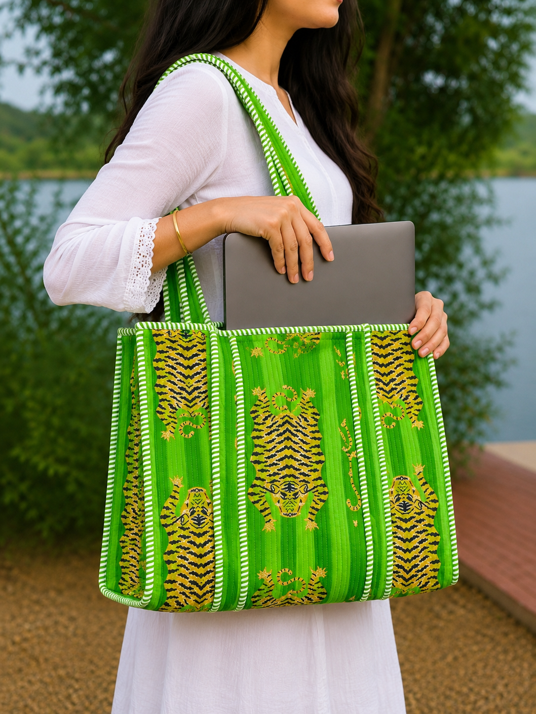 Image of Handmade Cotton Shoulder Bag for Women Green Tiger Print Quilted Tote Bag