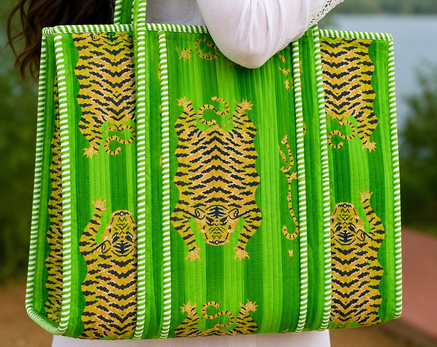 Green Tiger Print Quilted Tote Bag | Handmade Cotton Shoulder Bag for Women