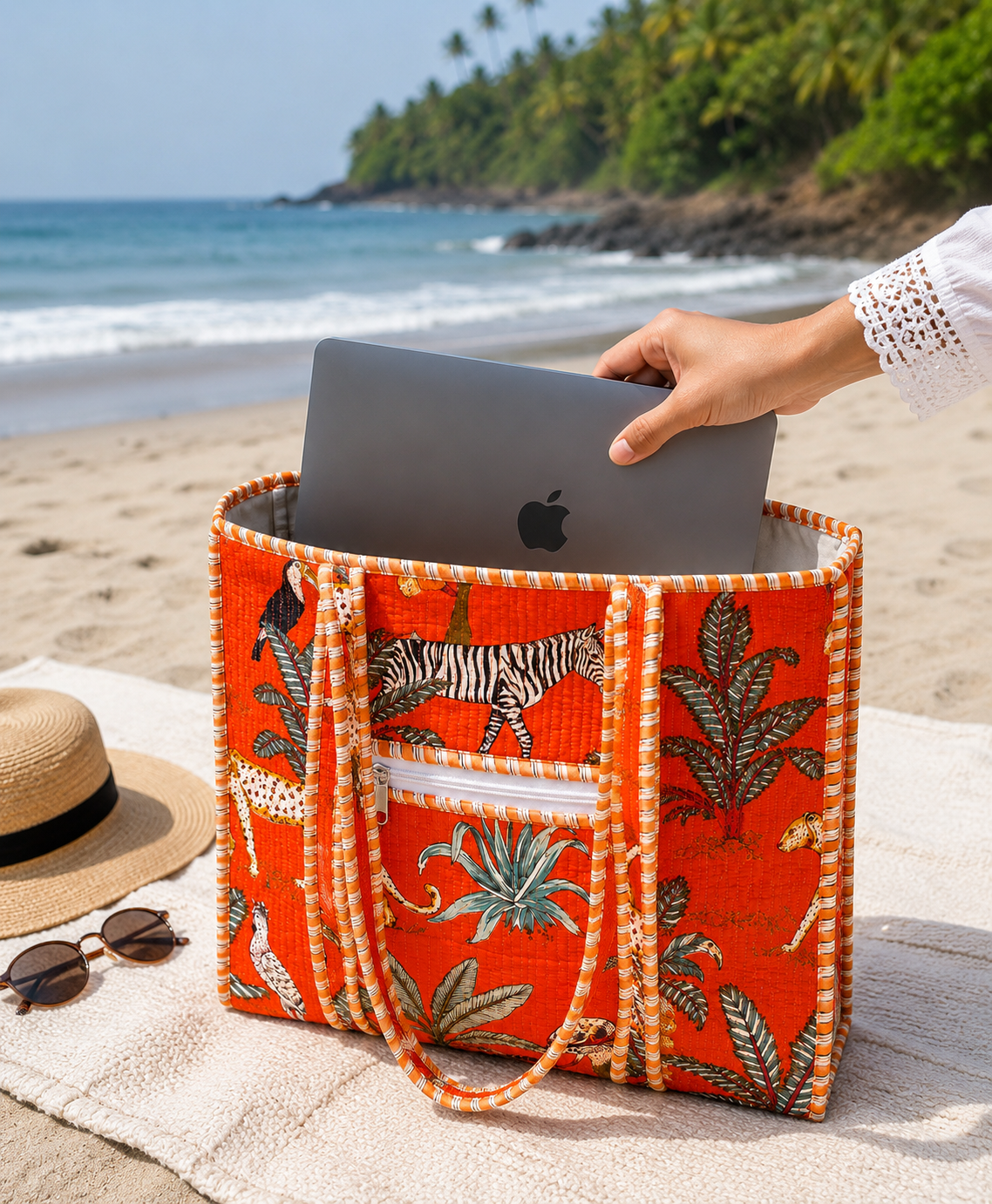 Image of Handmade Cotton Tote Bag Orange Jungle Print Everyday Carry Bag