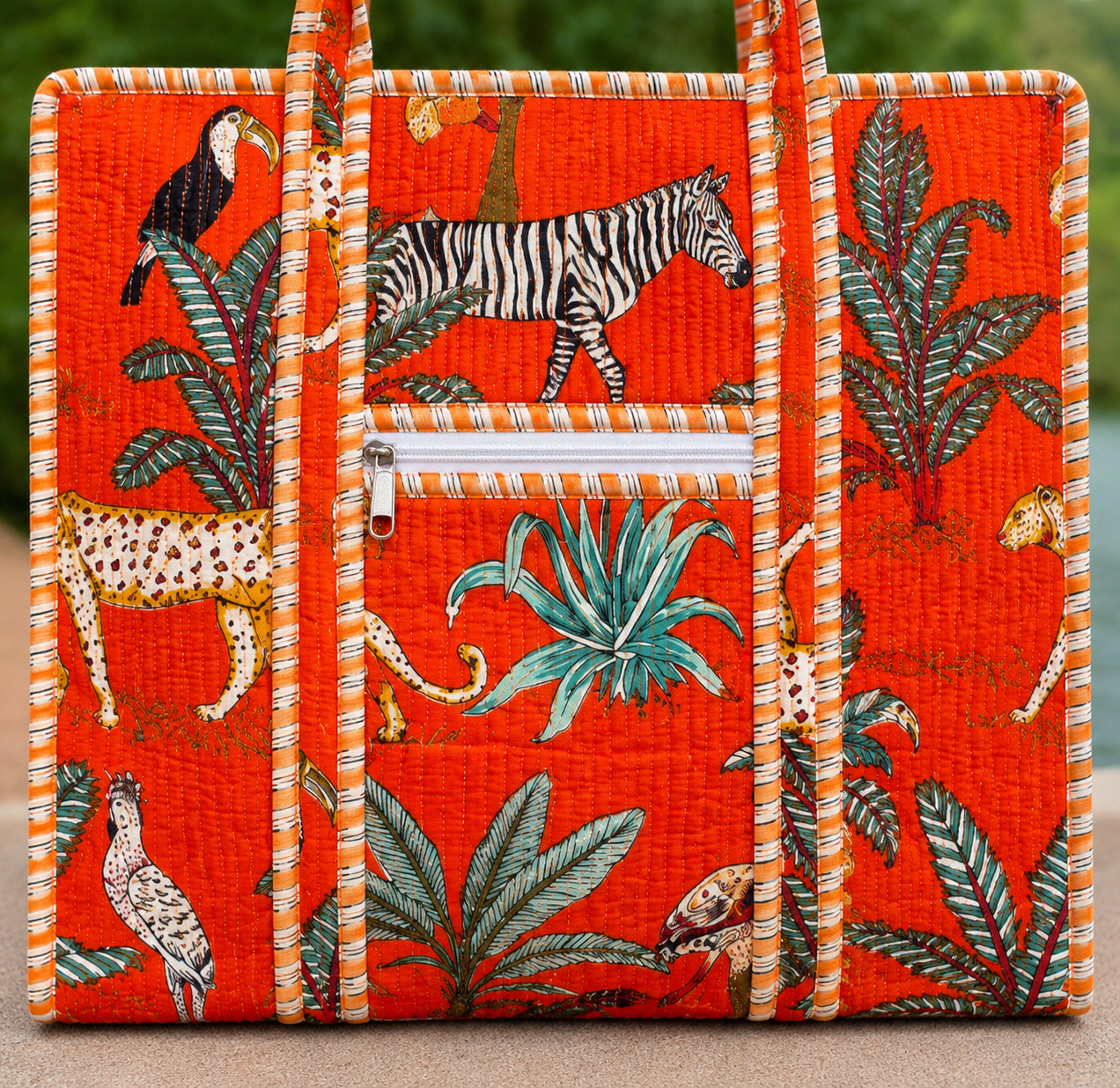 Handmade Cotton Tote Bag | Orange Jungle Print Everyday Carry Bag