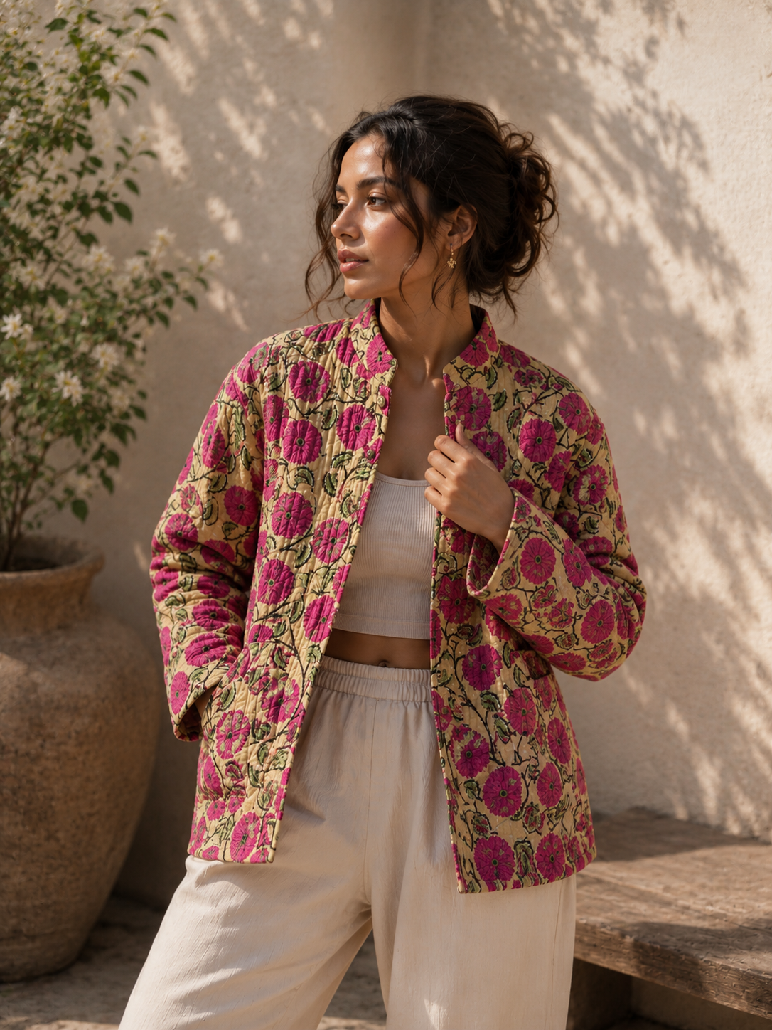 Floral print quilted jacket for women