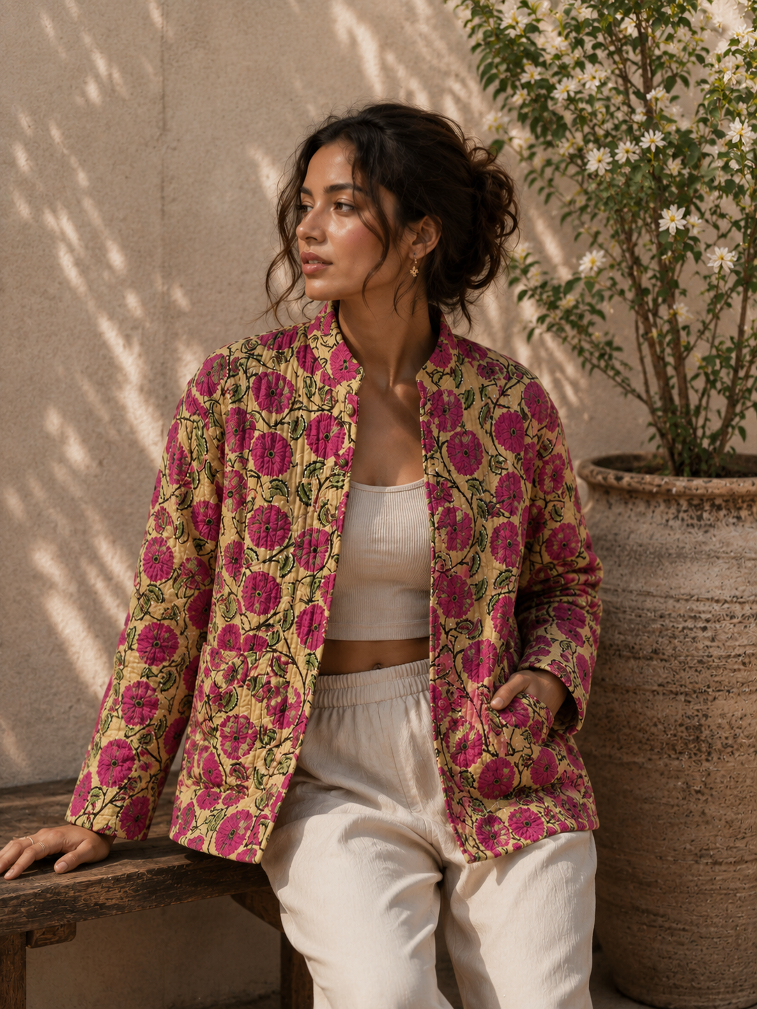 Floral print quilted jacket for women