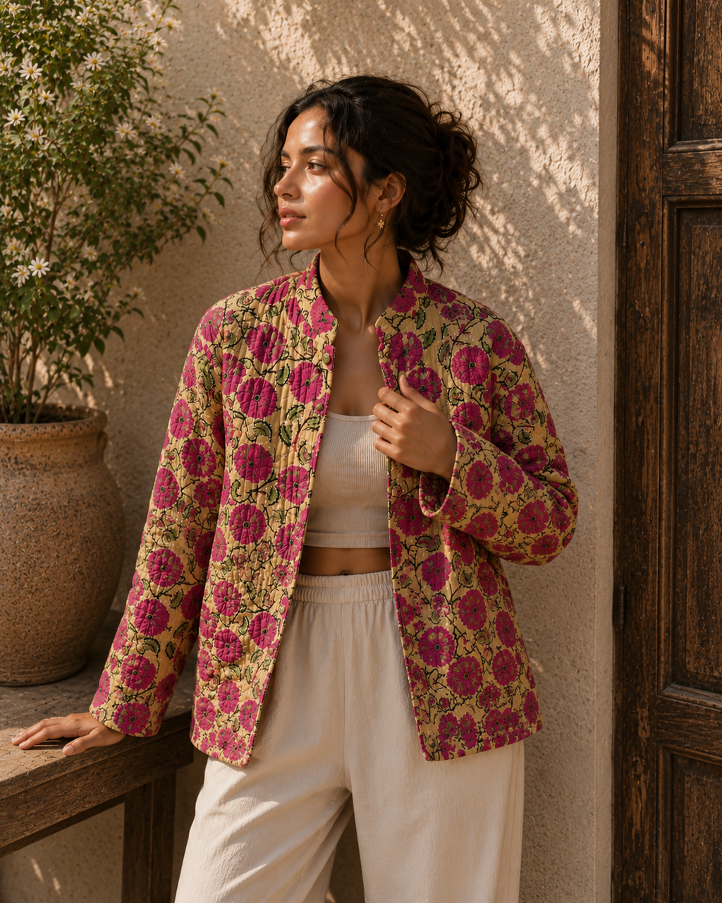 Floral print quilted jacket for women