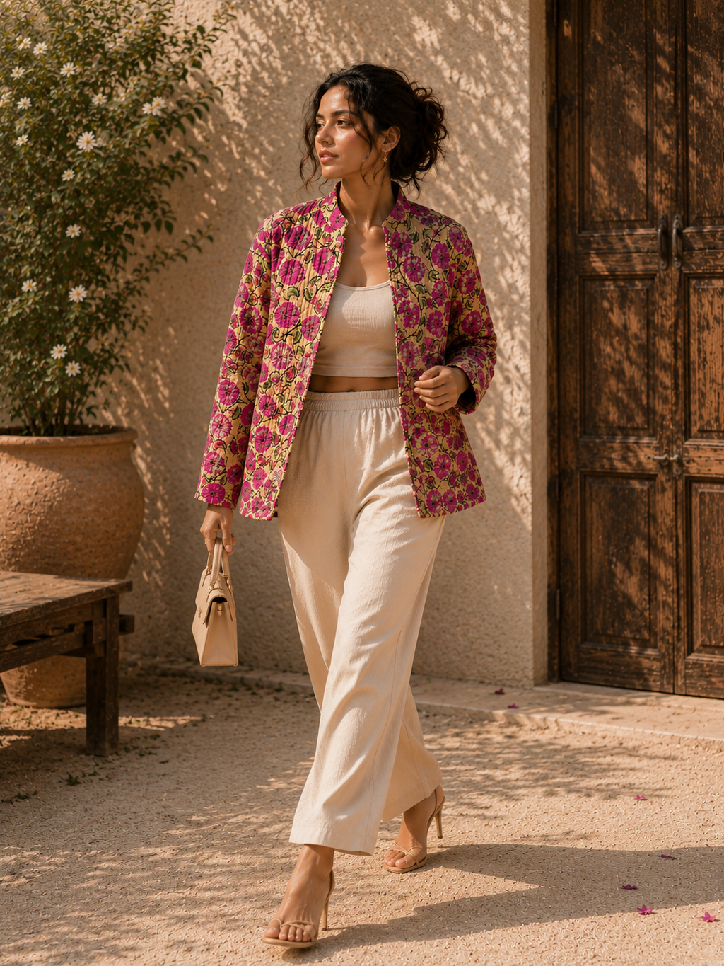 Floral print quilted jacket for women