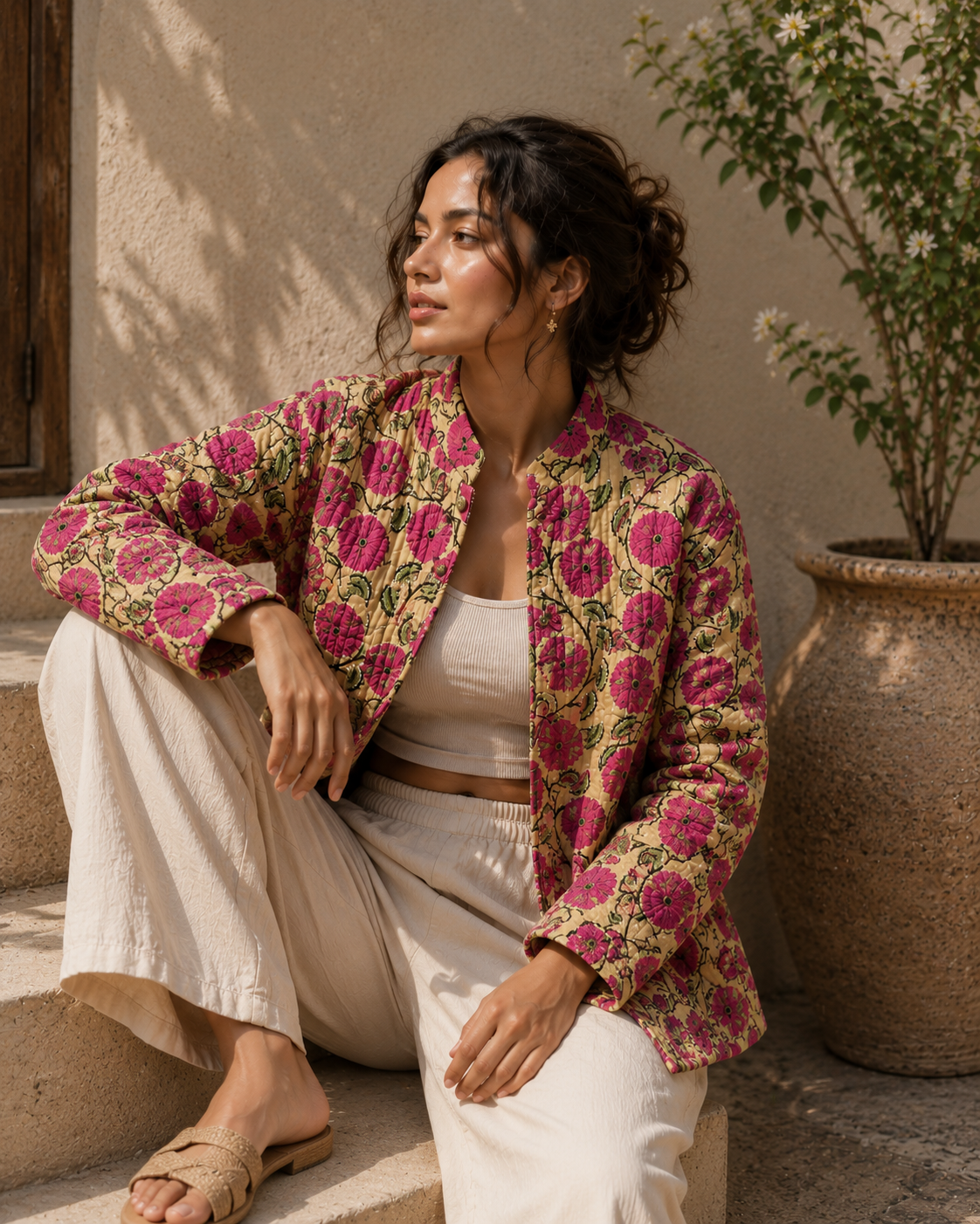 Floral print quilted jacket for women
