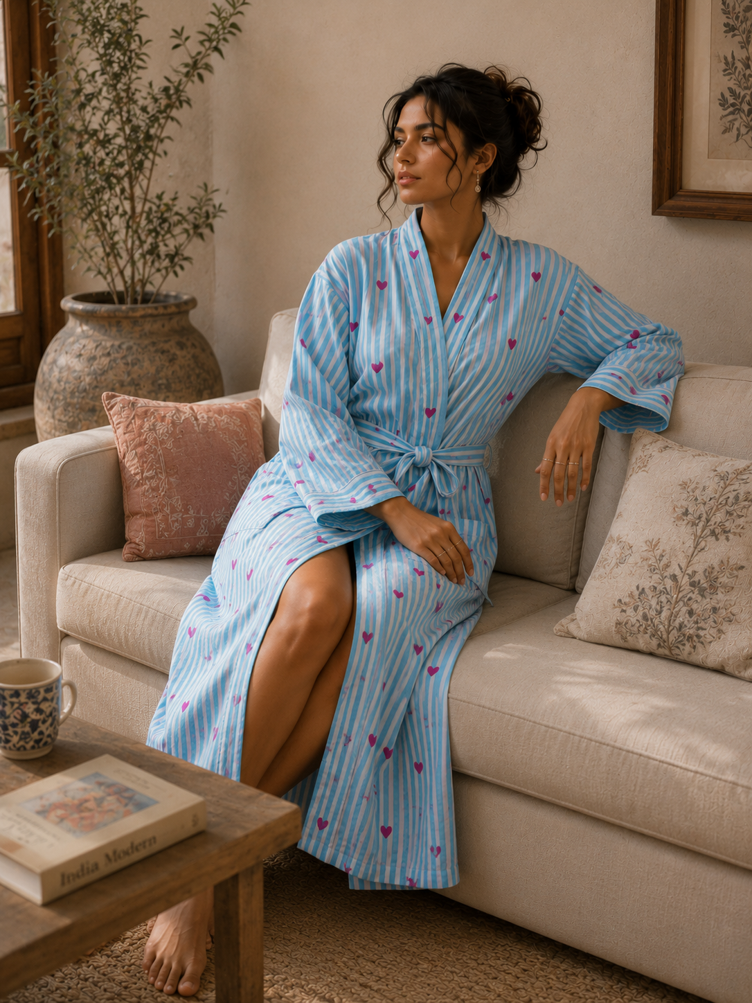 Blue Stripe & Heart Print Robe for women