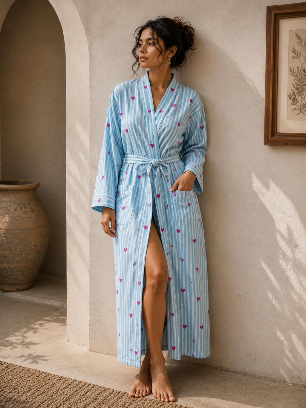 Blue Stripe & Heart Print Robe for women