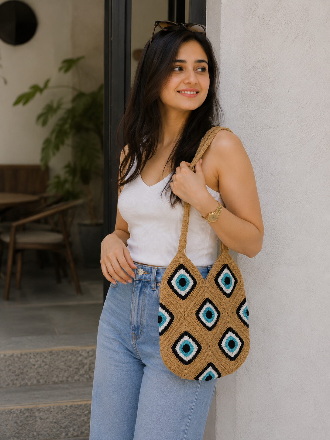 Image of Evil Eye Crochet shoulder Bag Boho beach tote bag