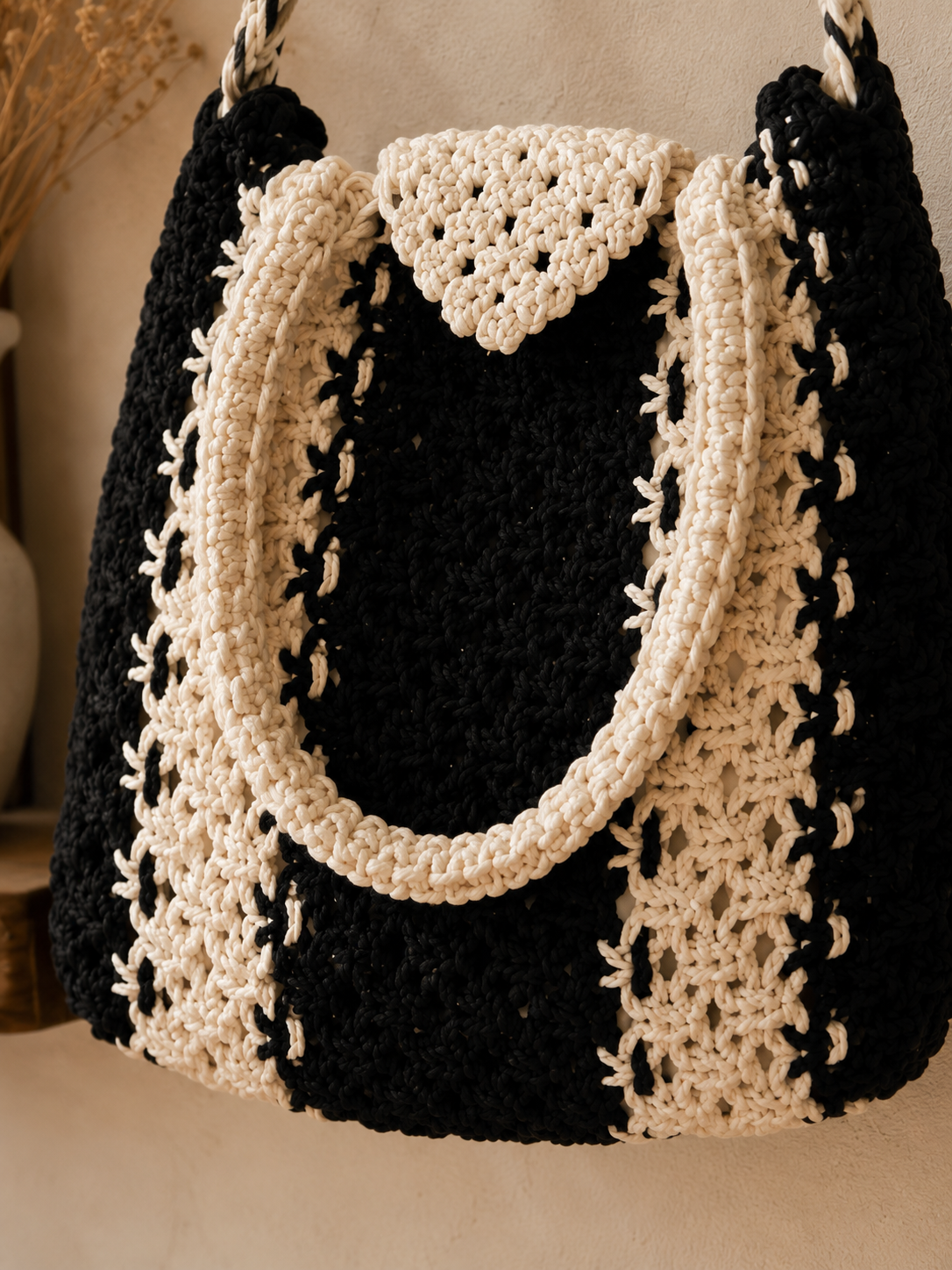Image of Women's Cotton Crochet Tote Bag Handmade Black & White Shoulder Purse
