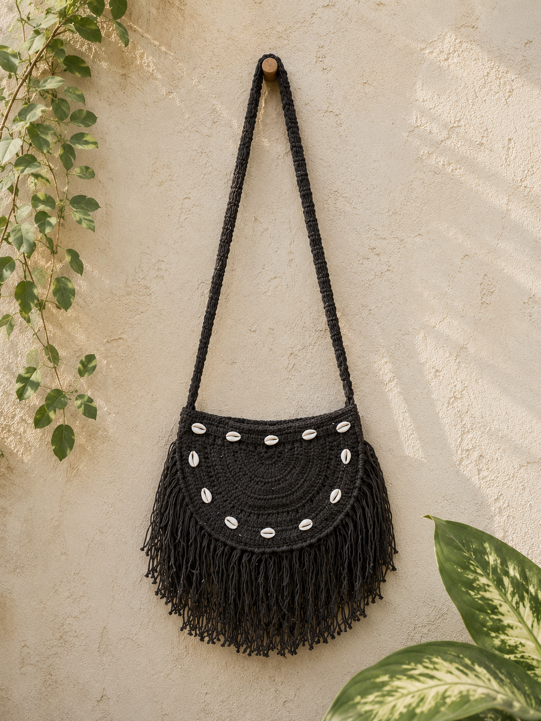Image of Black Crochet Bag Handmade Boho Fringe Shoulder Handbag