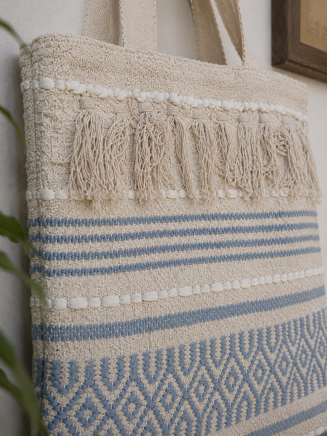 Handmade Cotton Beach Tote Bag for Women Boho Fringe Shoulder Bag