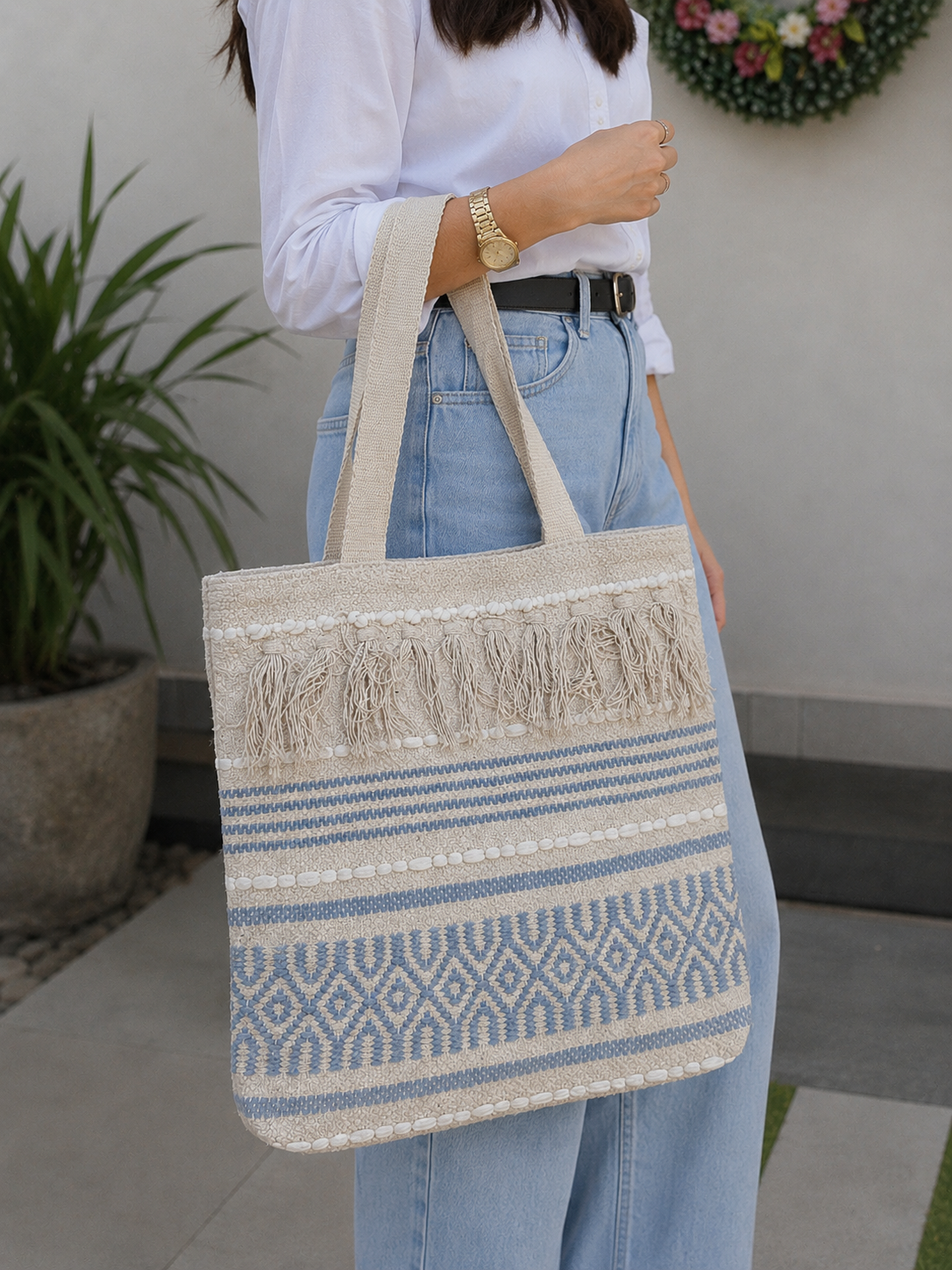 Image of Handmade Cotton Beach Tote Bag for Women Boho Fringe Shoulder Bag