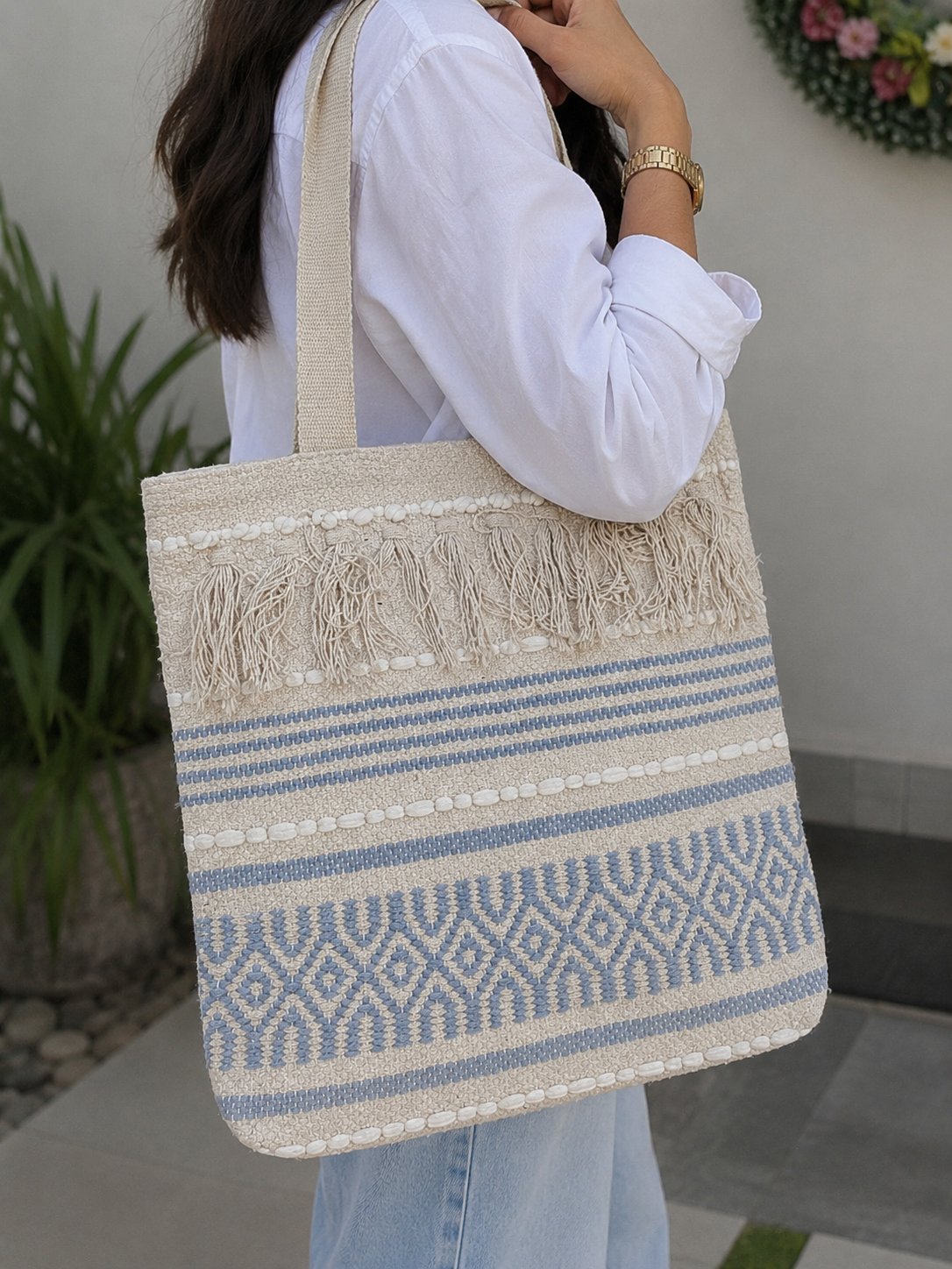 Image of Handmade Cotton Beach Tote Bag for Women Boho Fringe Shoulder Bag