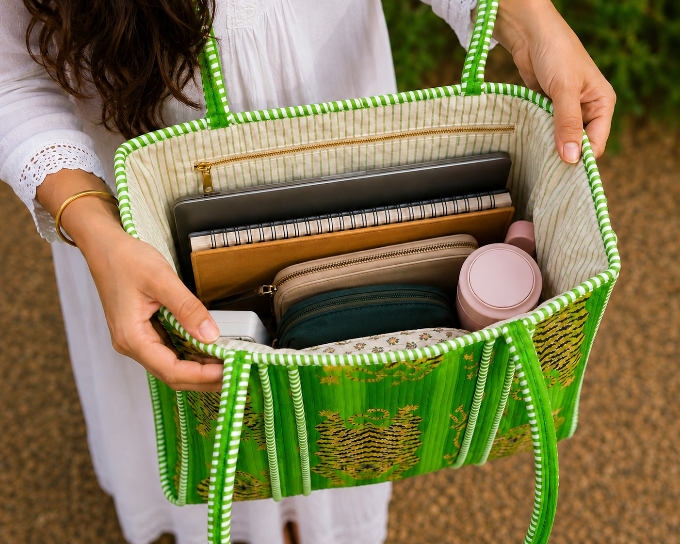 Image of Handmade Cotton Shoulder Bag for Women Green Tiger Print Quilted Tote Bag