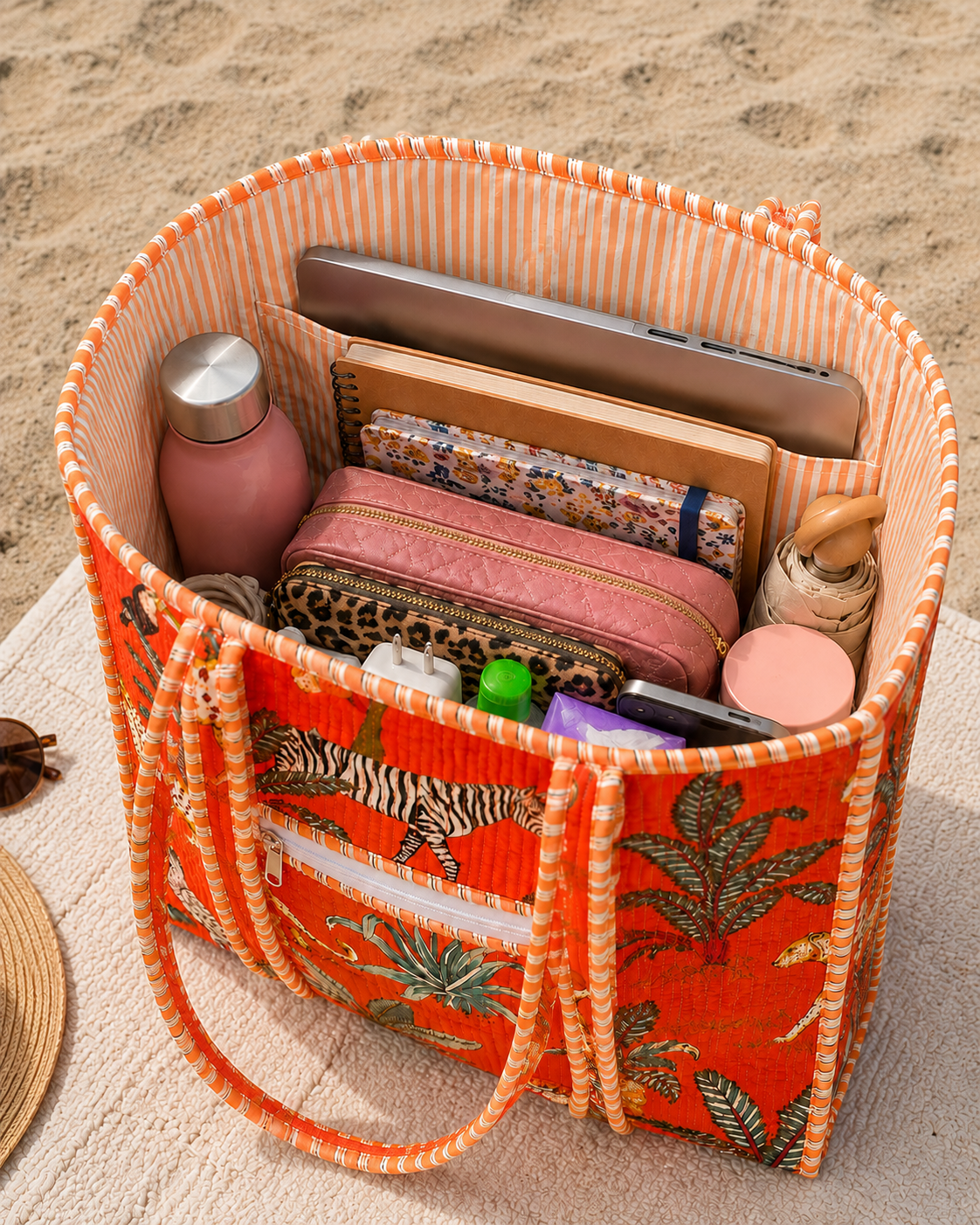 Image of Handmade Cotton Tote Bag Orange Jungle Print Everyday Carry Bag