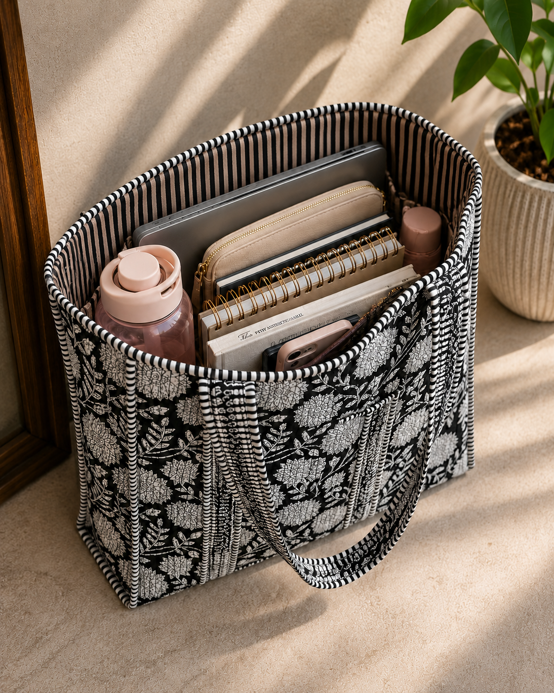 Black Floral Tote Bag For Women Daily Use