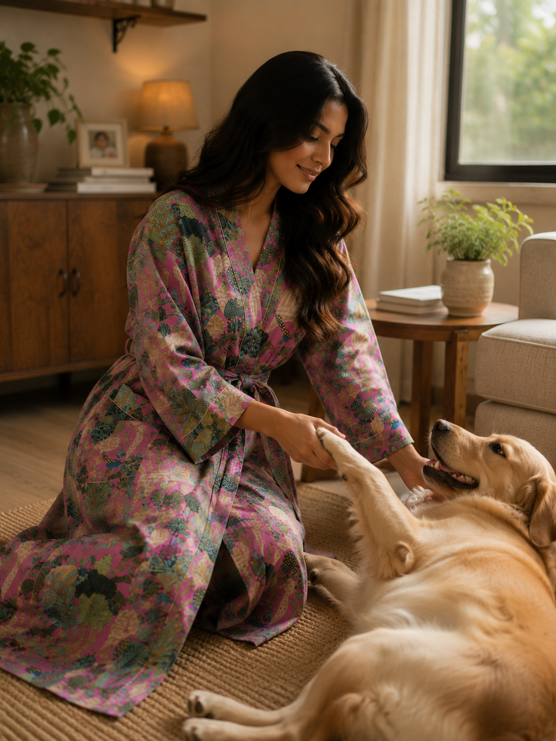 Image of Pink Floral Cotton Kimono Robe Hand Block Print Loungewear