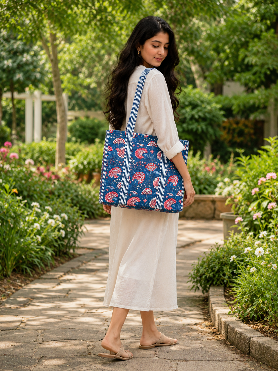 Image of Hand Block Print Quilted Cotton Tote Bag office & Travel Beach Shopper