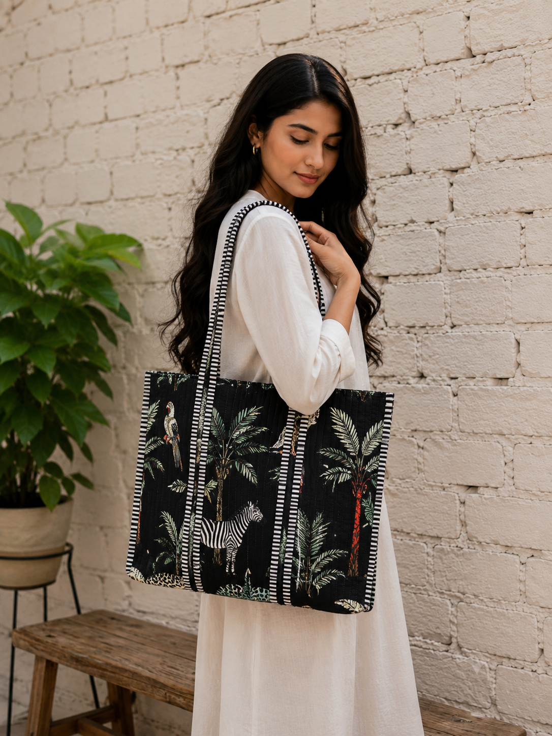 Image of Handmade Cotton Shoulder Bag Block print Shopping Tote Bag Everyday use