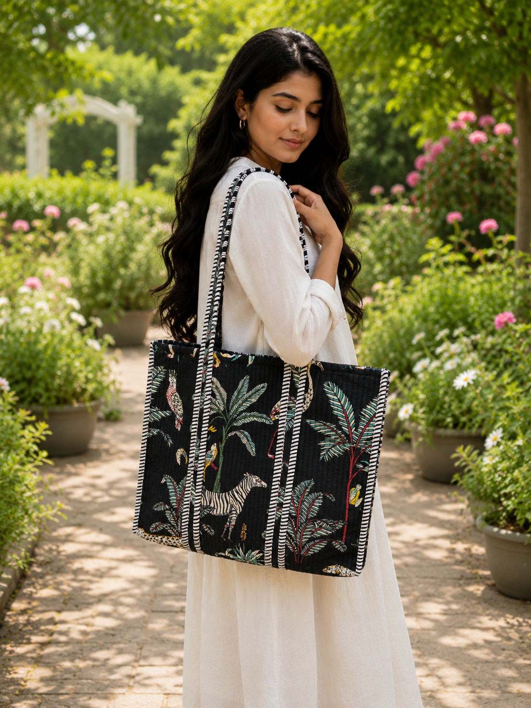 Image of Handmade Cotton Shoulder Bag Block print Shopping Tote Bag Everyday use