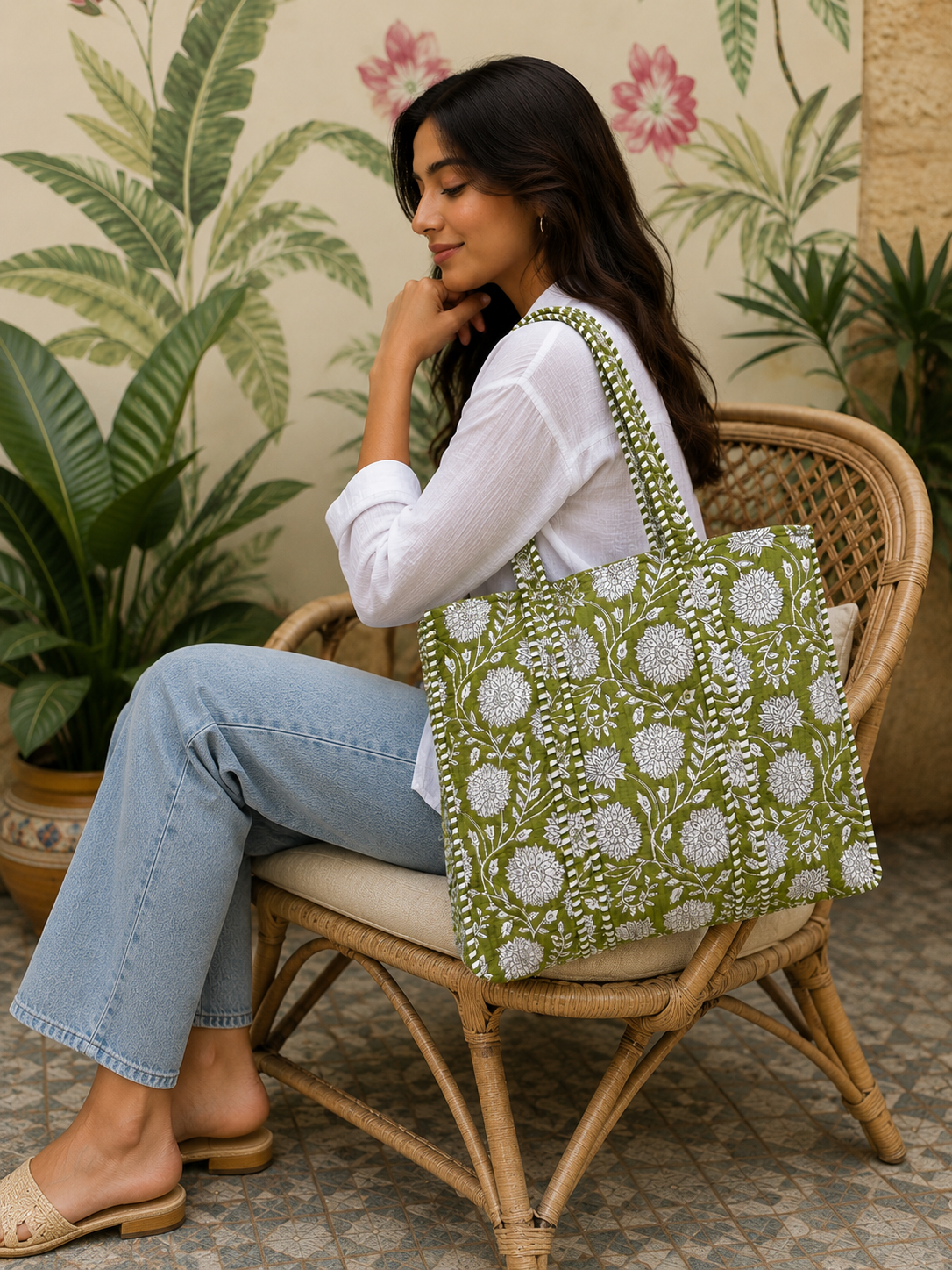 Image of Vintage Floral Tote Bag Quilted Cotton Shoulder Bag for Women
