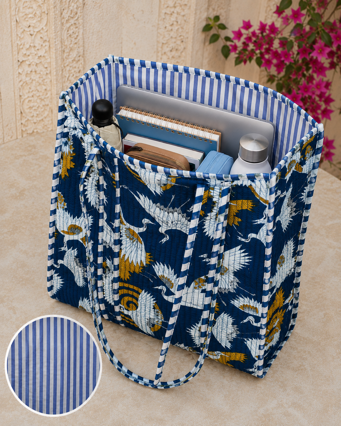 Bird Print Quilted Tote Bag Handmade Cotton Shoulder Bag  For Shopping & Market