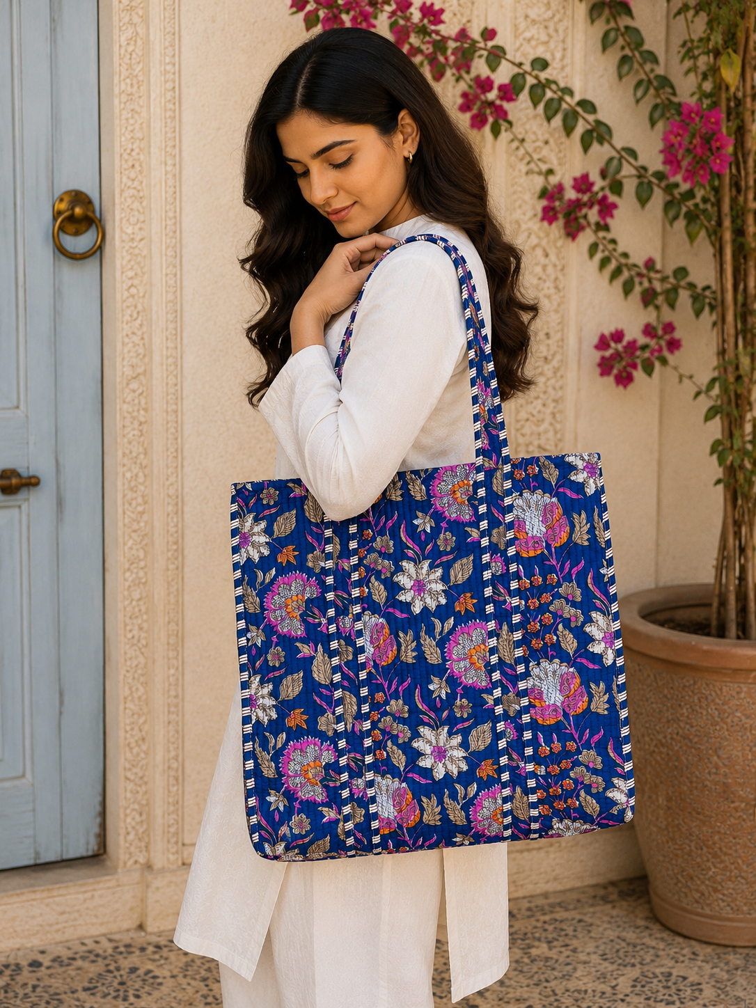 Image of Handmade Cotton Shoulder Bag Floral Printed tote Bag Boho Market bag