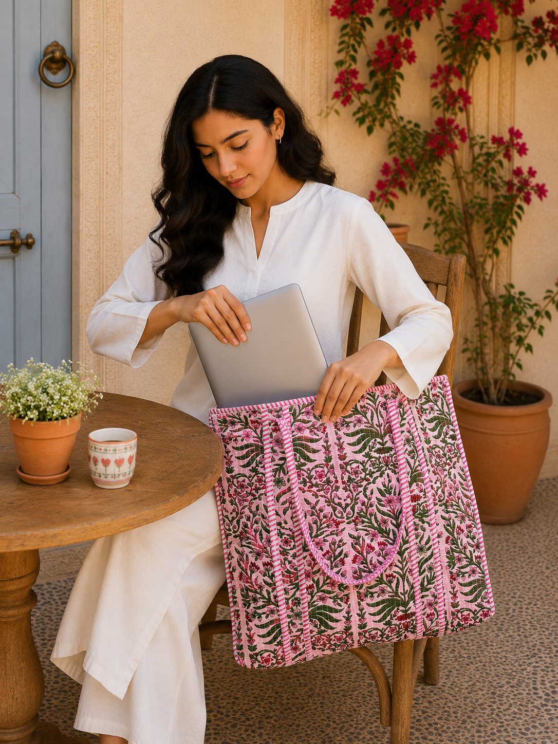 Quilted Cotton Tote Bag Stylish Pink Floral Everyday Carry Bag