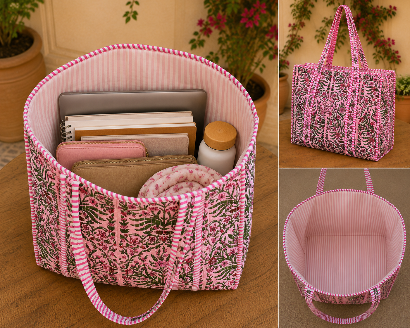 Image of Quilted Cotton Tote Bag Stylish Pink Floral Everyday Carry Bag