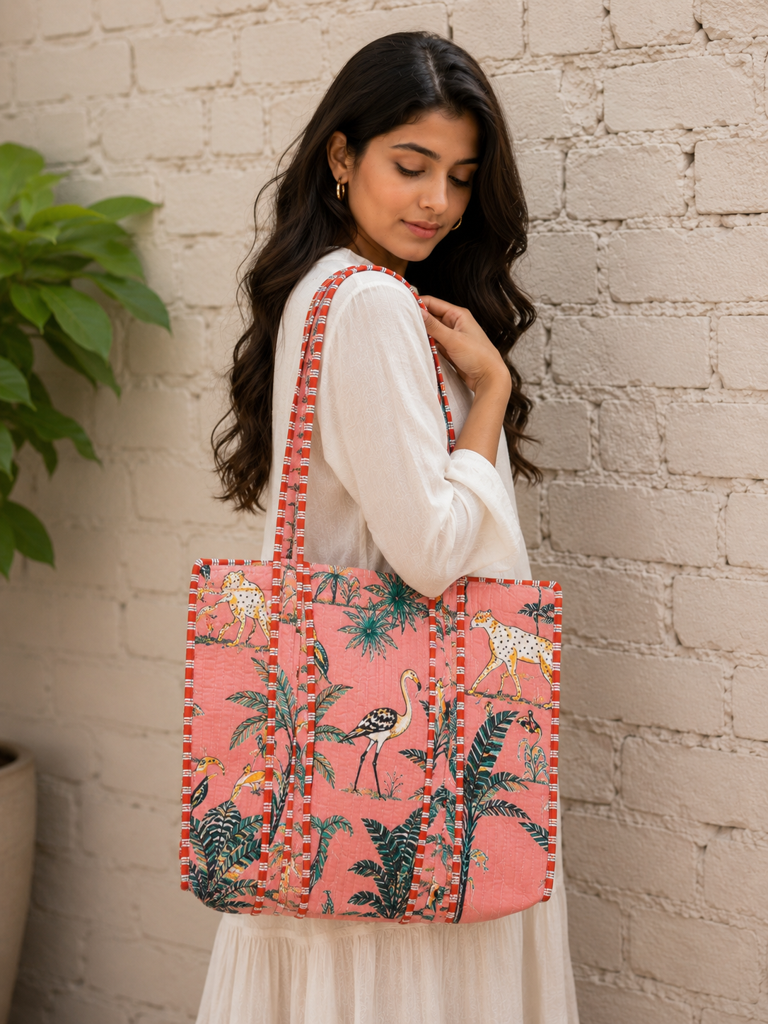 Quilted Jungle Print Pink Handmade Tote Bags