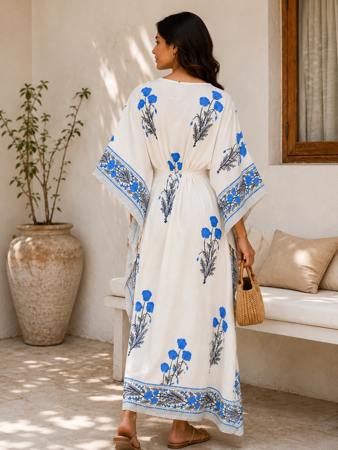 Image of Women's Blue Floral Kaftan Dress Block Print Beach Cover Up
