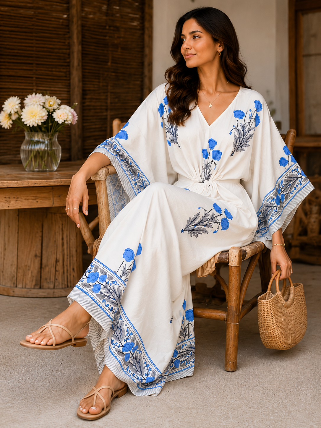 Women's Blue Floral Kaftan Dress Block Print Beach Cover Up