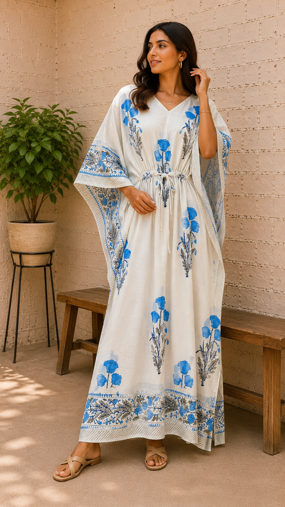 Women's Blue Floral Kaftan Dress Block Print Beach Cover Up